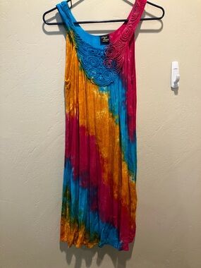 Angel Touch Tie-Dye Crochet Detail - Blue, Pink & Orange 100 % Rayon Sundress